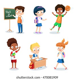 Set of cheerful school children. Students cartoon characters vector isolated on white background.