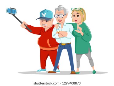 Set of cheerful senior people hipsters gathering and having fun. Group of senior people taking selfie photo with stick. Grandfathers and grandmother. Pensioners at retirement on white background.