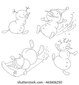 Set of cheerful snowmen on a white background. Contour snowmen for coloring book