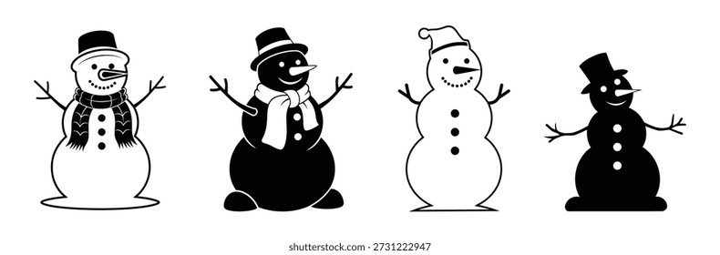 Set of cheerful snowmen in various styles and colors for winter designs