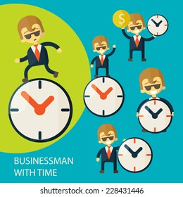 set with a cheerful and successful businessman and clock. Concept illustration of the time , success and money . vector illustration eps 10