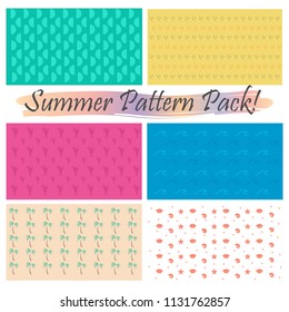 Set of Cheerful Summer Background Patterns With Palms, Citrus Fruit, Seashells, Waves and Cocktails