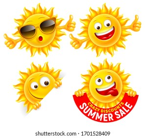 Set of cheerful sun characters. Showing thumbs up, holding summer sale banner, with sunglasses. Bright cartoon elements for advertising design. Vector illustration.