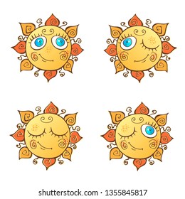 A set of cheerful suns in cartoon style. Vector.