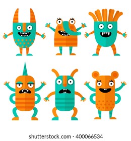 Set of cheerful and terrible monsters in a flat style. Colorful characters in cartoon style. Monsters with different emotions.