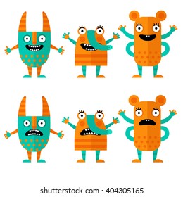 Set of cheerful and terrible monsters in a flat style. Colorful characters in cartoon style. Monsters with different emotions.