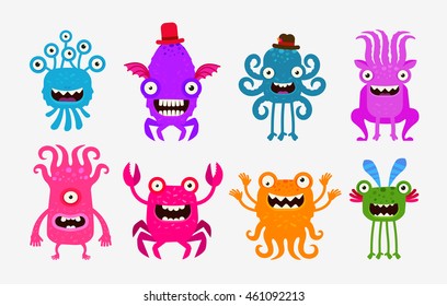 Set of cheerful and terrible monsters, ghosts, aliens. Vector illustration