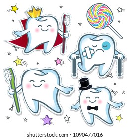Set a cheerful tooth with a toothbrush and a sad tooth ache with a plaster and crutches