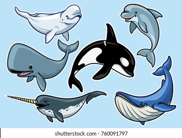 set of cheerful various of whales in cartoon style