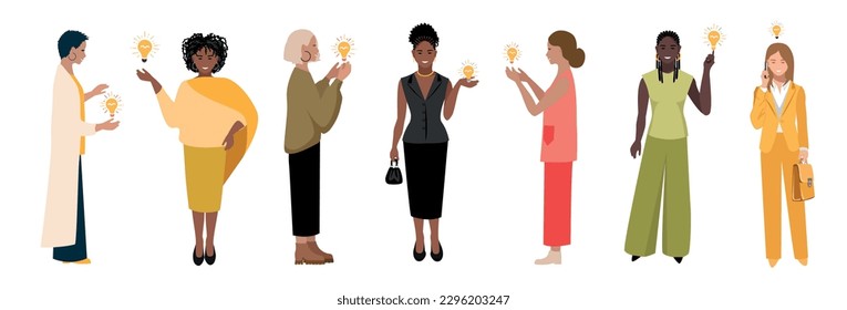 Set of a cheerful woman with a burning light bulb in her hand. Business idea. Creative idea. A beautiful girl shows the idea of solving problems and tasks. Vector illustration.