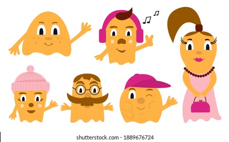 Conjunto de criaturas alegres amarillas y brillantes con auriculares escuchando música, con sombrero y gorra rosados, con gafas redondas y en un vestido con cuentas.