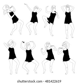 Set of cheerful young womans dancing with a towel on his head and singing to hair brush or comb.