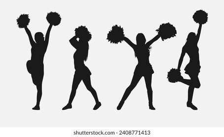 set of cheerleader silhouettes. girls dancing, holding pompoms with various different style, pose, movement. vector illustration.