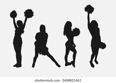 set of cheerleader silhouettes. girls dancing, holding pompoms with various different style, pose, movement. vector illustration.