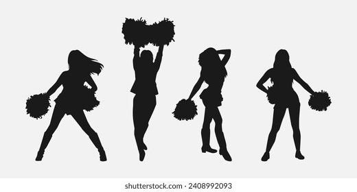 set of cheerleader silhouettes. girls dancing, holding pompoms with various different style, pose, movement. vector illustration.