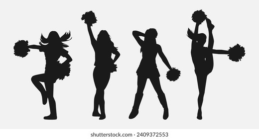 set of cheerleader silhouettes. girls dancing, holding pompoms with various different style, pose, movement. vector illustration.