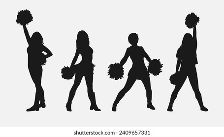 set of cheerleader silhouettes. girls dancing, holding pompoms with various different style, pose, movement. vector illustration.