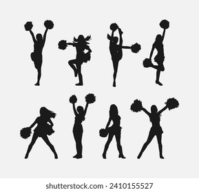 set of cheerleader silhouettes. girls dancing, holding pompoms with various different style, pose, movement. vector illustration.