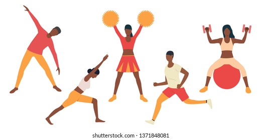 Set of cheerleaders preparing for performance. Young African people in yellow and coral clothing exercising. Vector illustration can be used for training, brochure, sport