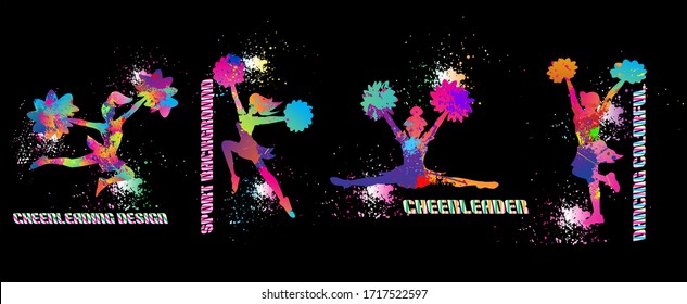 Conjunto de animadores, bailarina colorida pintura de salpicaduras de chicas, Pom Poms. Fondo deportivo. Pasos gráficos para logo, folletos. Ilustración vectorial.