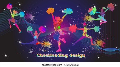 Set of Cheerleading. Sports background. Dancing colorful girl splash paint, Pom Poms. Graphic eps for logo design, brochures. Vector illustration.