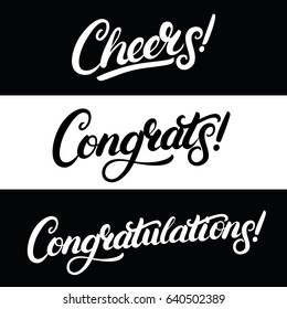 Set of Cheers, Congrats, Congratulations hand written lettering. Greeting calligraphy quotes. Vector illustration.