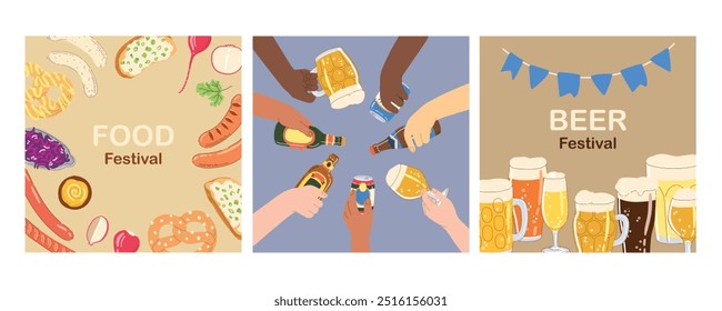 Set Cheers Postkarte mit verschiedenen Biersorten, Gläsern in Händen, traditioneller deutscher Küche. Handgezeichnete, trendige, flache Vektorgrafiken für Bar-Menü, Bier- und Food-Festival.