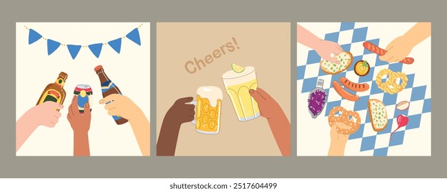 Conjunto de Cheers postal con diferentes tipos de cerveza, vasos en las manos, comida tradicional alemana. Ilustraciones vectoriales planas de moda dibujadas a mano para el menú del bar, la cerveza y el festival de comida.