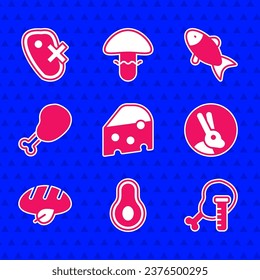 Set Cheese, Avocado fruit, Genetically modified chicken, Rabbit, Vegan bread loaf, Chicken leg, Fish and No meat icon. Vector