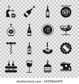 Set Cheese, Bottle cap, Cocktail, Beer bottle, Champagne, of cognac or brandy, tap with glass and Alcohol 18 plus icon. Vector