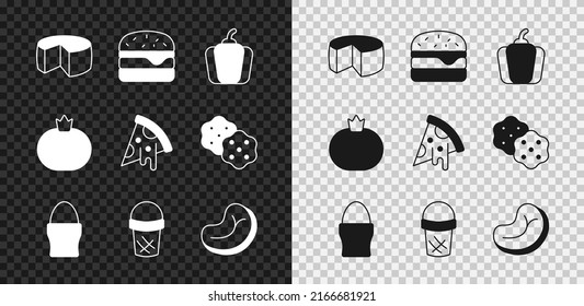 Set Cheese, Burger, Bell pepper, Chicken egg on stand, Ice cream in waffle, Steak meat, Tomato and Slice of pizza icon. Vector