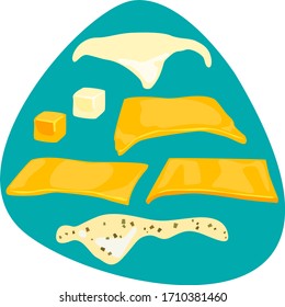 Set of cheese for burgers and sandwiches. Yellow and white cheese slices on blue background