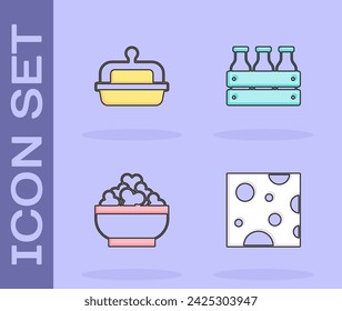 Set Cheese, Butter in a butter dish, Cottage cheese and Bottled milk wooden box icon. Vector