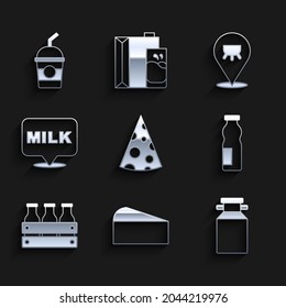 Set Cheese, Can container for milk, Drinking yogurt bottle, Bottled wooden box, Lettering, Udder and Milkshake icon. Vector