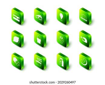 Set Cheese, Chicken leg, Jelly cake, Roasted turkey or chicken, Steak meat, Strawberry, aper package for milk and Asian noodles in bowl icon. Vector