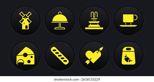Set Cheese, Coffee cup, French baguette bread, Amour with heart and arrow, Fountain, Covered tray, Croissant package and Windmill icon. Vector