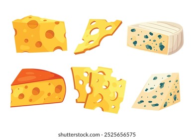 Set of cheese collection, cheese slices, Camembert, gouda, emmental, flat hand drawn style