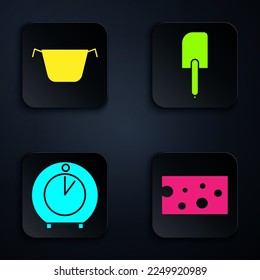 Set Cheese , Cooking pot , Kitchen timer  and Spatula . Black square button. Vector