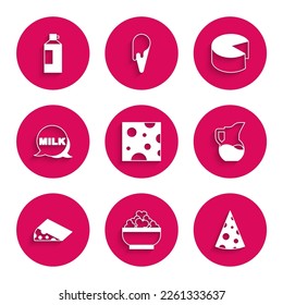 Set Cheese, Cottage cheese, Milk jug or pitcher, Lettering milk,  and Whipped cream bottle icon. Vector