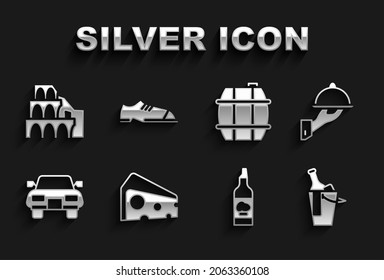 Set Cheese, Covered with tray of food, Bottle wine in bucket, olive oil, Car, Barrel for, Coliseum Rome and Men shoes icon. Vector