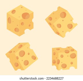 Set of Cheese cube cartoon illustration. Cheese flat icon collection. Vector cubes of yellow cheese in flat style isolated on yellow background