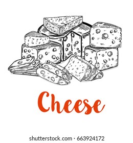 Set of cheese cuts isolated on white background. Design element for poster, restaurant menu. Vector illustration