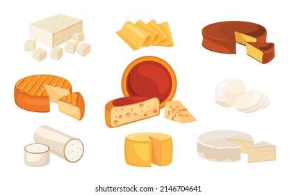 Set of cheese different species on white background. Vector illustration of delicious whole and sliced cheddar ,mozzarella, maasdam, brie, roquefort, gouda, feta and parmesan in cartoon style.