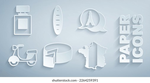 Set Cheese, Torre Eiffel, Scooter, Mapa de Francia, pan de baguette francés e ícono de Perfume. Vector