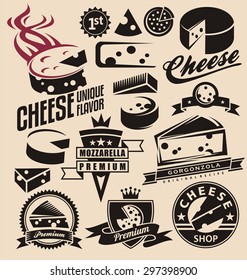 Conjunto de emblemas de queso, símbolos, conceptos de diseño de logotipo, insignias, signos, iconos y elementos de diseño. Recogida de productos lácteos.