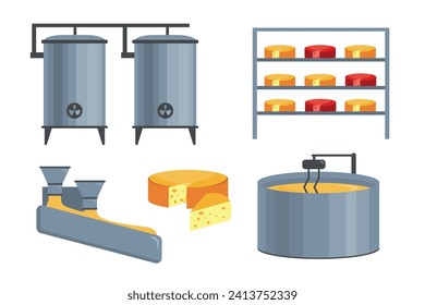 Set of cheese factory elements in a cartoon style. Vector illustration with elements for cooking and ripening cheese: cauldrons, a rack with cheeses isolated on a white background.