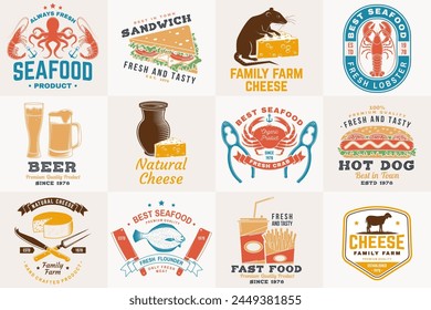 Set of cheese family farm, seafood and fast food retro badge. Vector. For seafood emblem, sign, patch, shirt, menu restaurants with cheese, tuna, trout, shrimp, octopus crab mussels and clams, hotdog