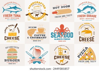 Set of cheese family farm, seafood and fast food retro badge. Vector. For seafood emblem, sign, patch, shirt, menu restaurants with cheese, tuna, trout, shrimp, octopus crab mussels and clams, hotdog