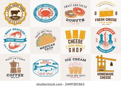 Set von Käse Familie Farm, Meeresfrüchte und Fast Food Retro Abzeichen. Vektorgrafik. Für Meeresfrüchte-Emblem, Schild, Patch, Hemd, Menü Restaurants mit Käse, Thunfisch, Forelle, Garnelen, Krabbenmuscheln und Muscheln, Hotdog