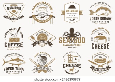 Set of cheese family farm, seafood and Restaurant retro badge. Vector. For seafood emblem, sign, patch, shirt, menu restaurants with cheese, tuna, trout, shrimp, octopus crab mussels and clams